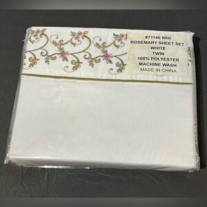 Vintage Twin Sheet Set Rosemary White NIP Embroidered Design Floral